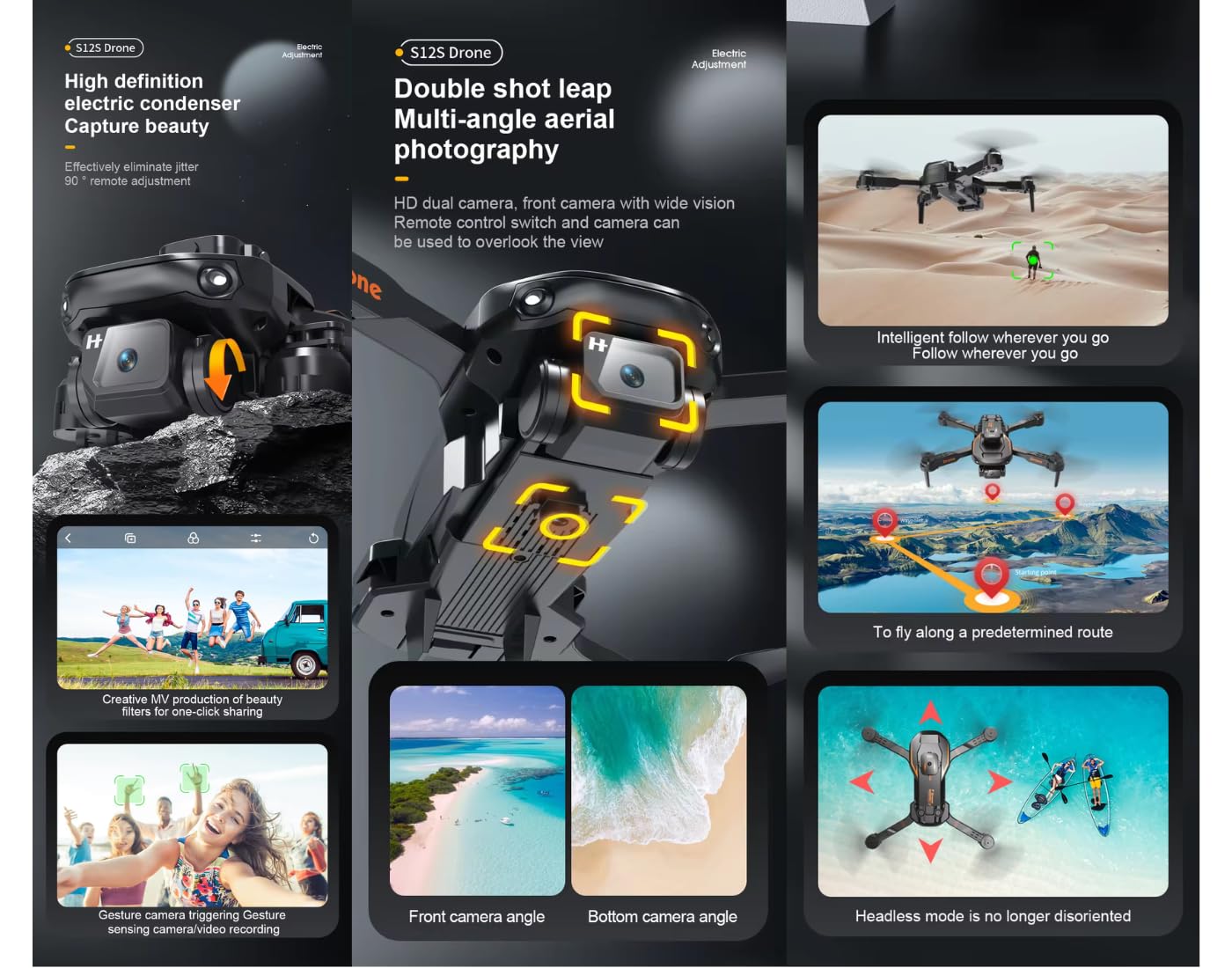 4K UHD Camera Toy Drone with 30-Minute Battery Life, Auto Return, 6-Axis Gyro Stability, Smart Auto-Fly Modes, 360° Stunt Flip, One-Key Return, Follow-Me, Gesture Control for Aerial Photography.(S12)